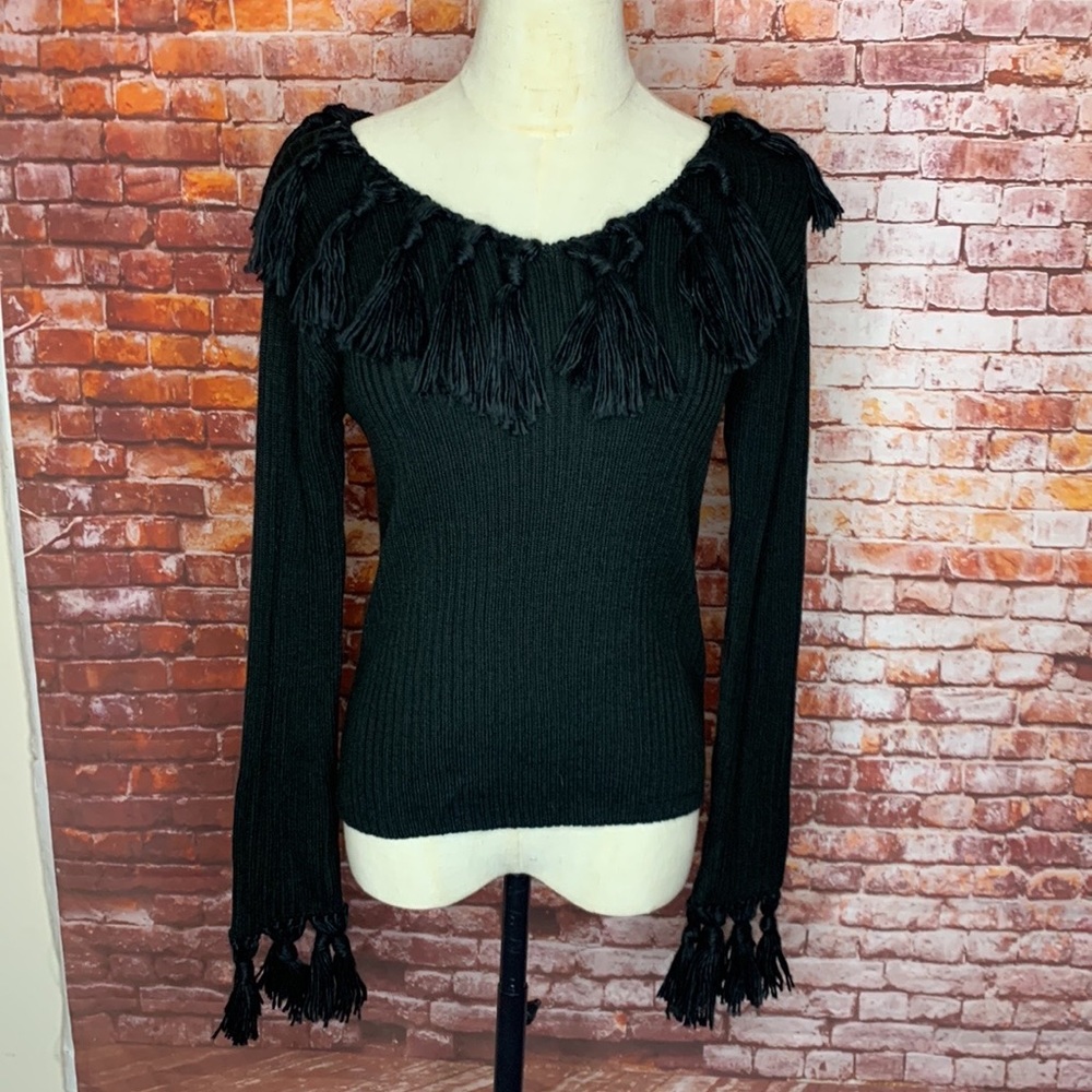 Fiorlini International Black Vintage Y2K Cropped Fringy Crewneck Sweater
